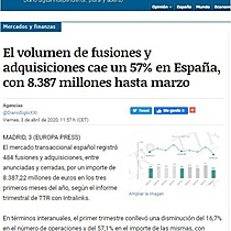 El volumen de fusiones y adquisiciones cae un 57% en Espaa, con 8.387 millones hasta marzo